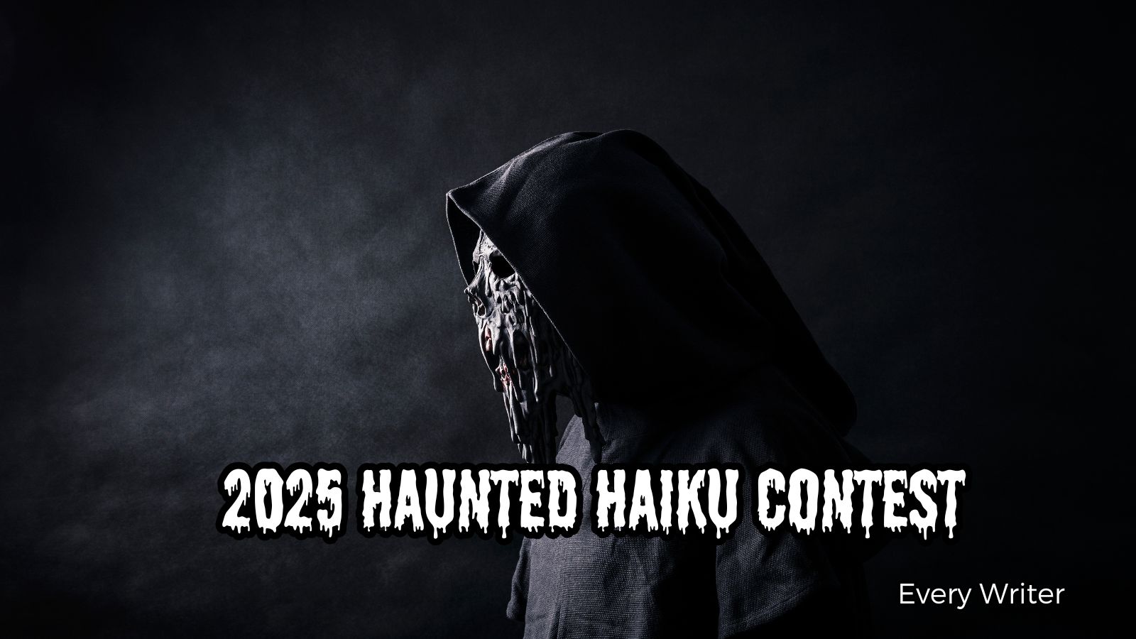Scary monster with a black background with the text 2025 Haunted Haiku Contest 